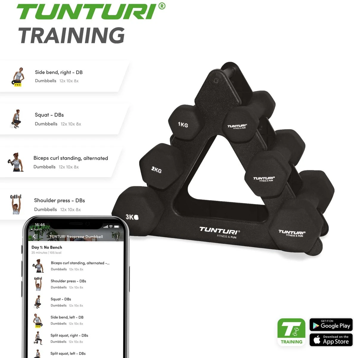 Tunturi Gewichten - Halterset - Dumbbell Set - Neopreen Dummbbells - 1 T/m 3kg - 3 Paar - Incl. Gratis Fitness App 11 Tunturi Gewichten - Halterset - Dumbbell Set - Neopreen Dummbbells - 1 T/m 3kg - 3 Paar - Incl. Gratis Fitness App - Afbeelding 9