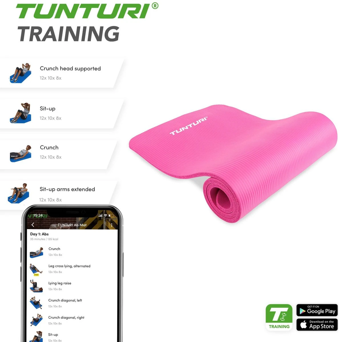 Tunturi Fitnessmat - Yogamat - Sportmat Gemaakt Van Zacht NBR Materiaal - 180 X 60 X 1,5cm - Roze - Incl. Gratis Fitness App 7 Tunturi Fitnessmat - Yogamat - Sportmat Gemaakt Van Zacht NBR Materiaal - 180 X 60 X 1,5cm - Roze - Incl. Gratis Fitness App - Afbeelding 5