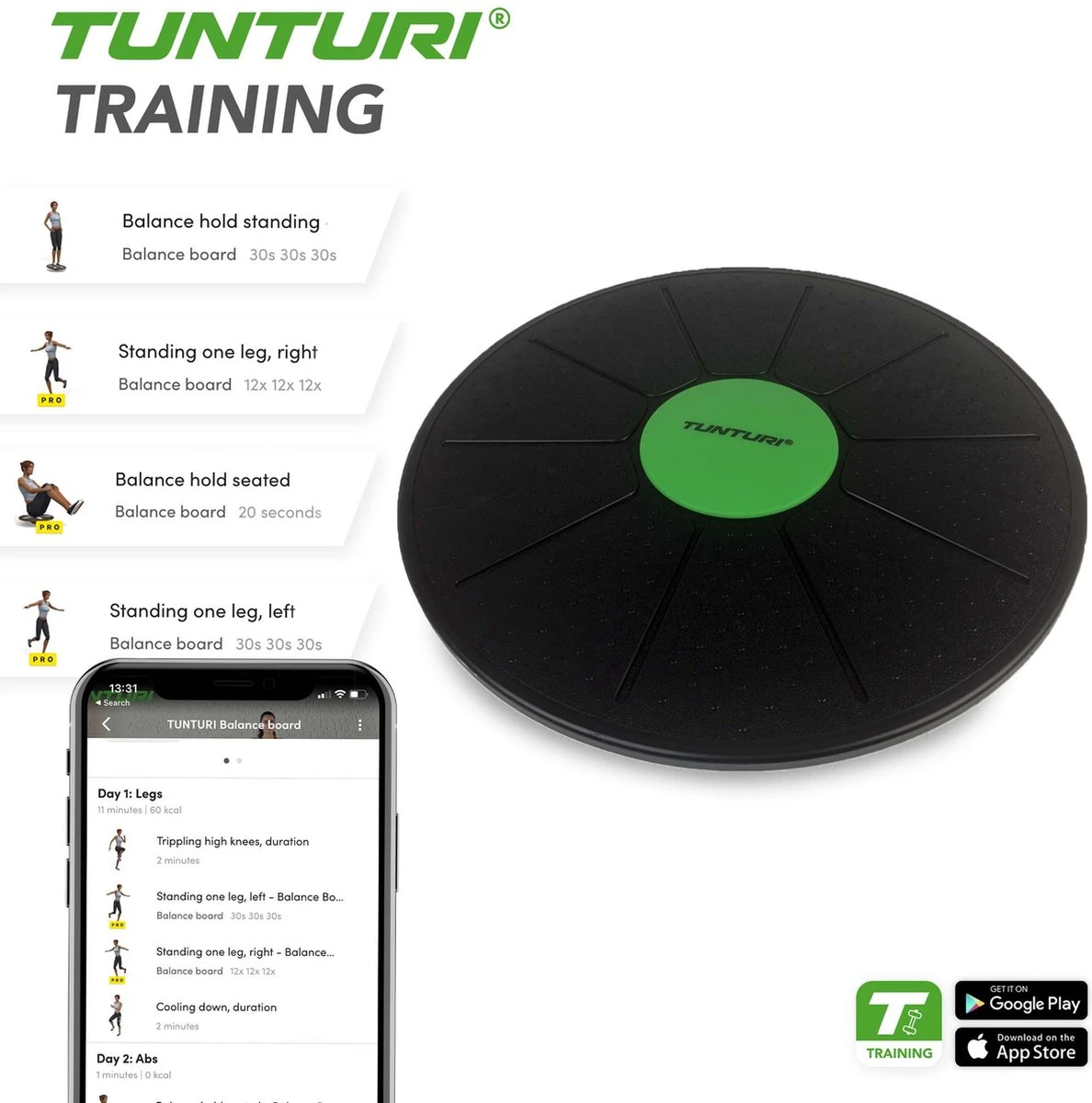Tunturi Verstelbaar Balans Bord - Balance Board - Zwart/Groen - Incl. Gratis Fitness App 7 Tunturi Verstelbaar Balans Bord - Balance Board - Zwart/Groen - Incl. Gratis Fitness App - Afbeelding 5