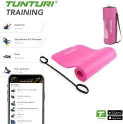 Tunturi Fitnessmat Met Draagtas - Yogamat - Sportmat Gemaakt Van Zacht NBR Materiaal - 180 X 60 X 1,5cm - Roze - Incl. Gratis Fitness App -Tunturi 1188x1200