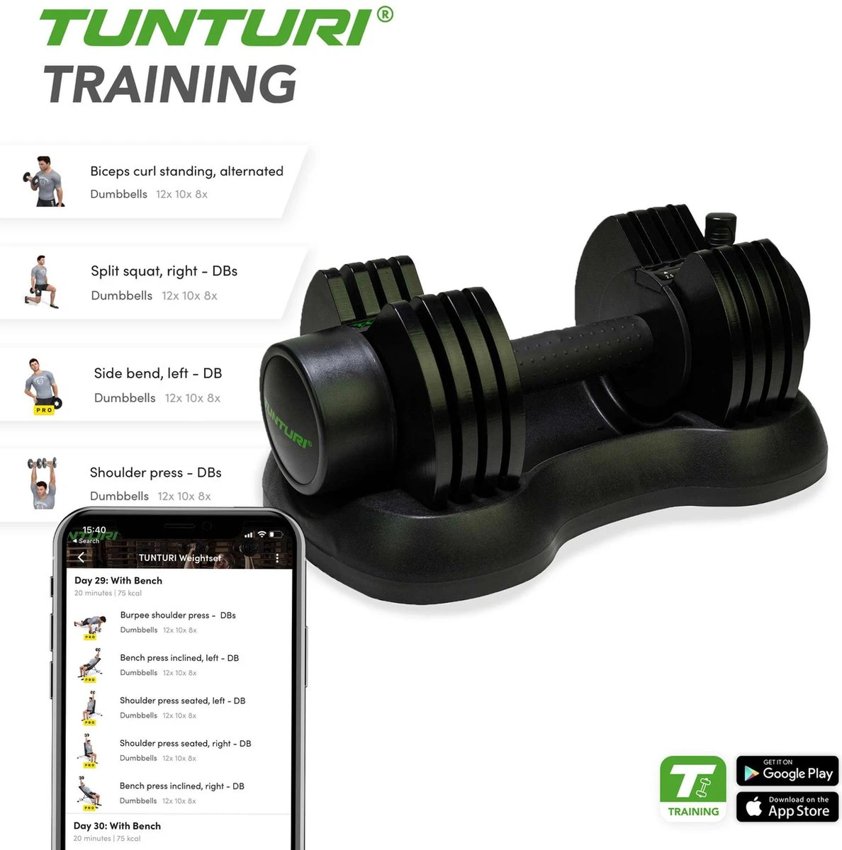 Tunturi Verstelbare Halterset - Dumbbellset - Selector Dumbbell - Dumbbells - Halters - 2,5kg Tot 25kg - Incl. Gratis Fitness App 12 Tunturi Verstelbare Halterset - Dumbbellset - Selector Dumbbell - Dumbbells - Halters - 2,5kg Tot 25kg - Incl. Gratis Fitness App - Afbeelding 10