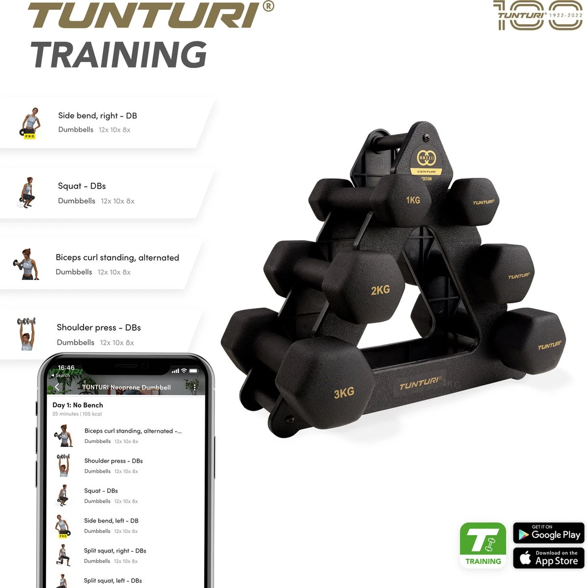 Tunturi Gewichten Centuri - Halterset - Dumbbell Set - Neopreen Dummbbells - 1 T/m 3kg - 3 Paar - Incl. Gratis Fitness App 8 Tunturi Gewichten Centuri - Halterset - Dumbbell Set - Neopreen Dummbbells - 1 T/m 3kg - 3 Paar - Incl. Gratis Fitness App - Afbeelding 6