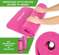 Tunturi Fitnessmat Met Draagtas - Yogamat - Sportmat Gemaakt Van Zacht NBR Materiaal - 180 X 60 X 1,5cm - Roze - Incl. Gratis Fitness App -Tunturi 1200x1131