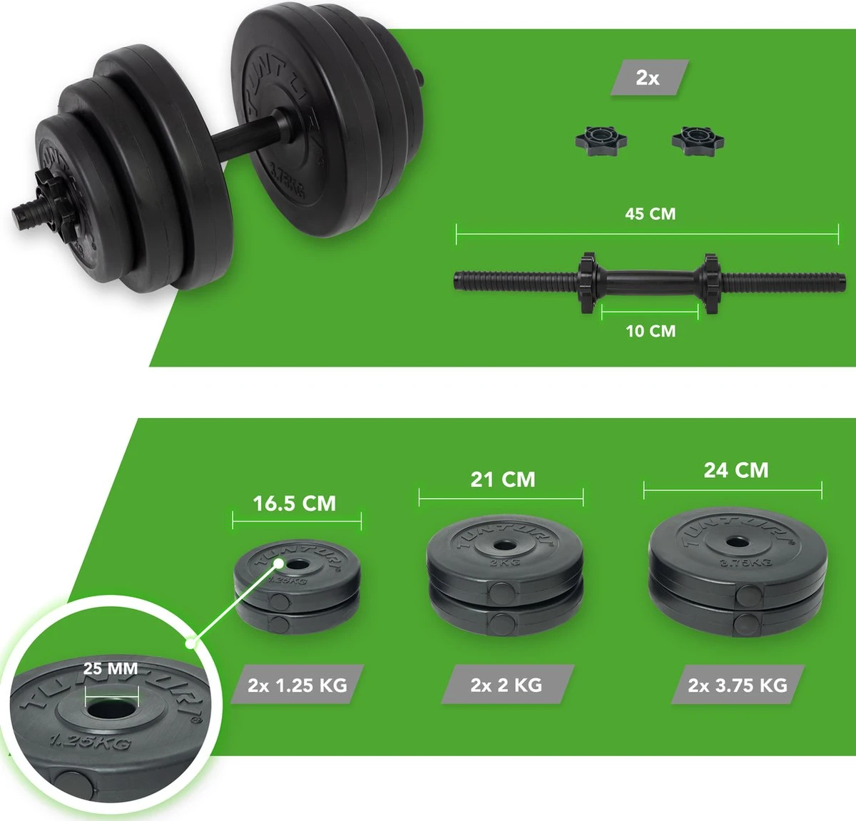 Tunturi Dumbbellset - Halterset - Totaal 15 Kg - Zwart Vinyl - Incl. Gratis Fitness App 6 Tunturi Dumbbellset - Halterset - Totaal 15 Kg - Zwart Vinyl - Incl. Gratis Fitness App - Afbeelding 4