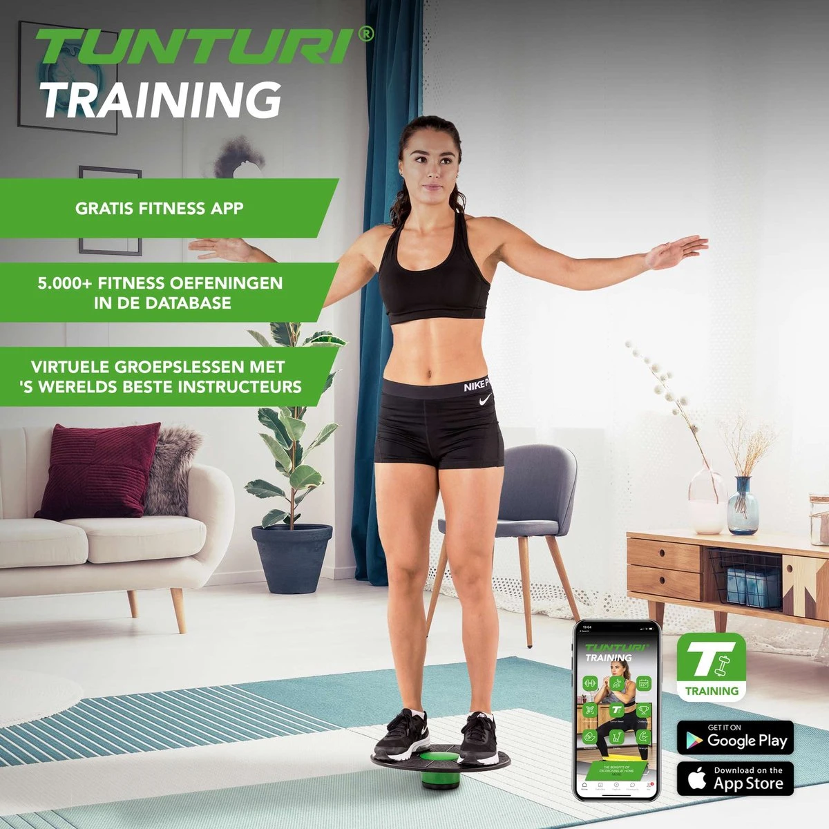 Tunturi Verstelbaar Balans Bord - Balance Board - Zwart/Groen - Incl. Gratis Fitness App 6 Tunturi Verstelbaar Balans Bord - Balance Board - Zwart/Groen - Incl. Gratis Fitness App - Afbeelding 4